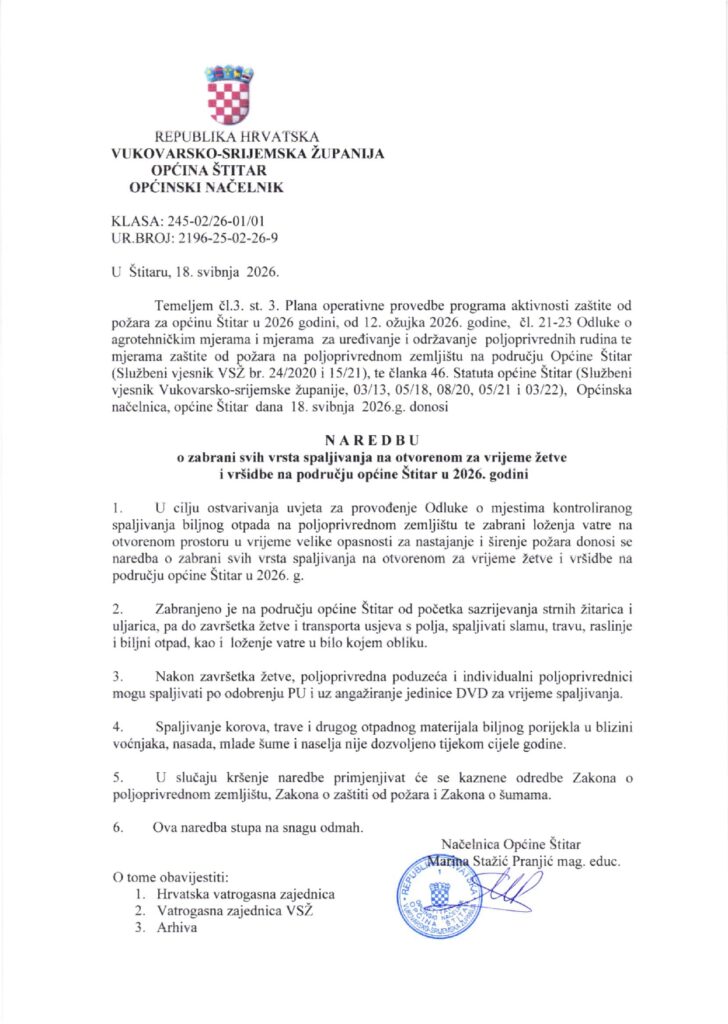 Naredba o zabrani svih vrsta spaljivanja na otvorenom za vrijeme žetve i vršidbe na području Općine Štitar u 2026. godini